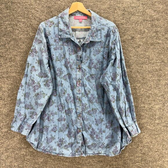 Woman Within Tops - Woman Within Shirt Women 1X Plus Blue Floral Button Up Collared Long Sleeve
